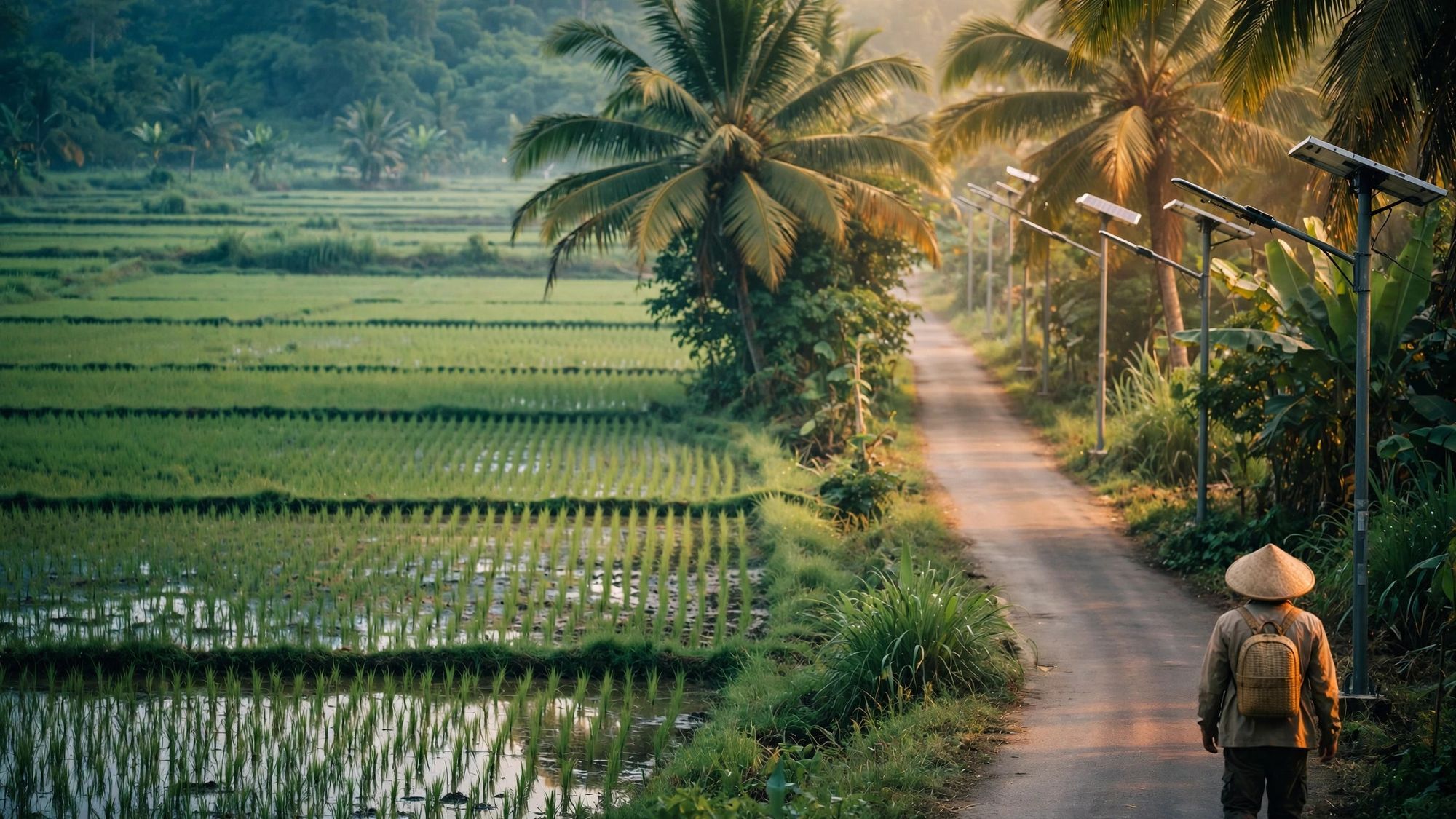 Solar street lights on a road through rice fields