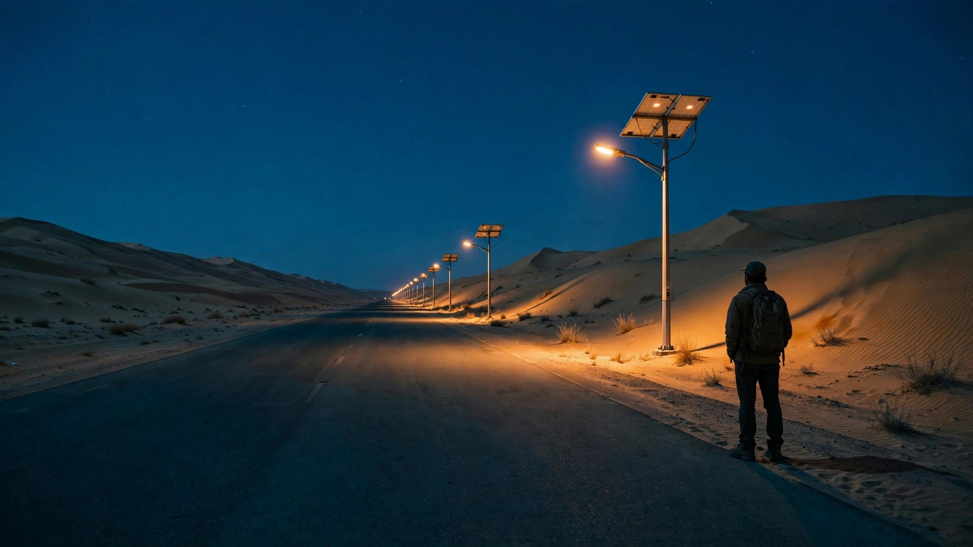 Solar street lights on a desert highway at night