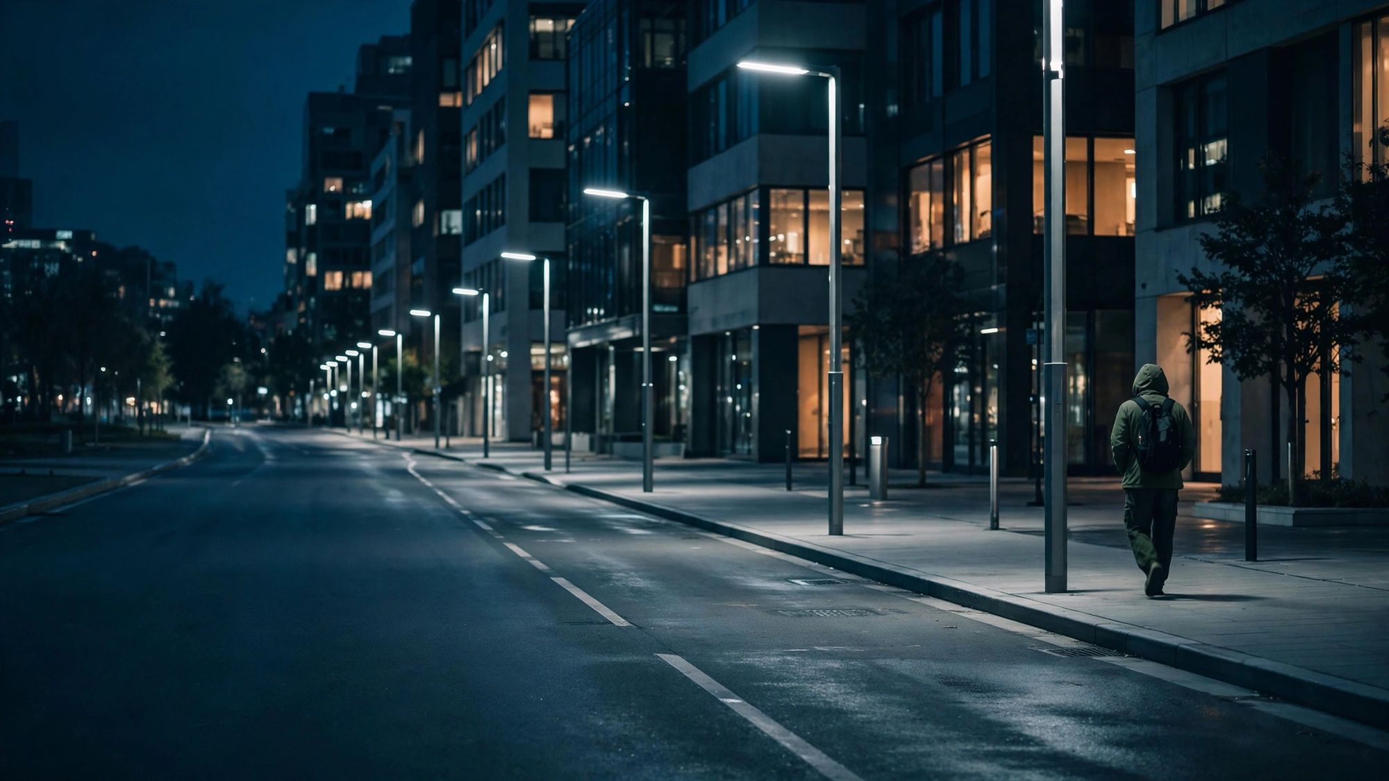 LED street lights on a city avenue at night
