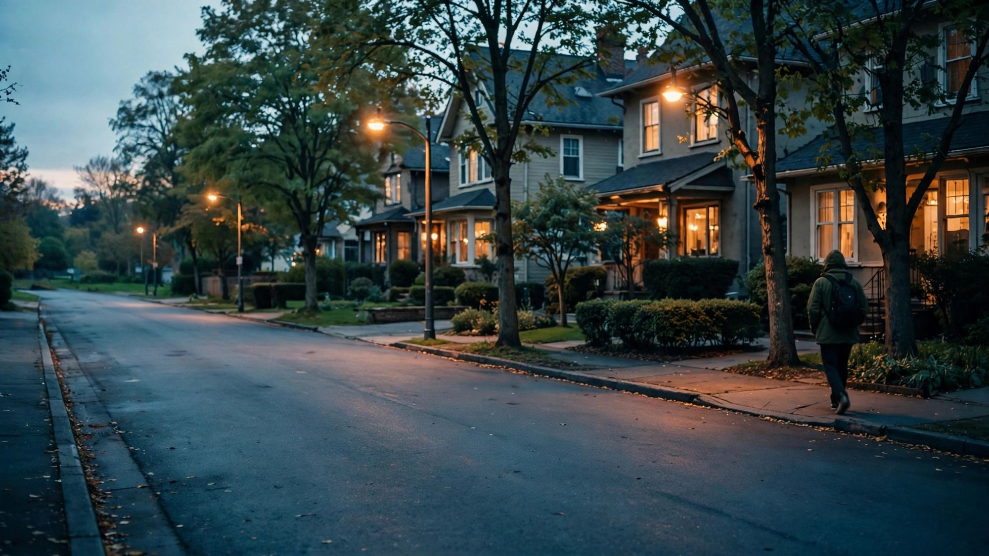 Street lights in a residential area at dusk