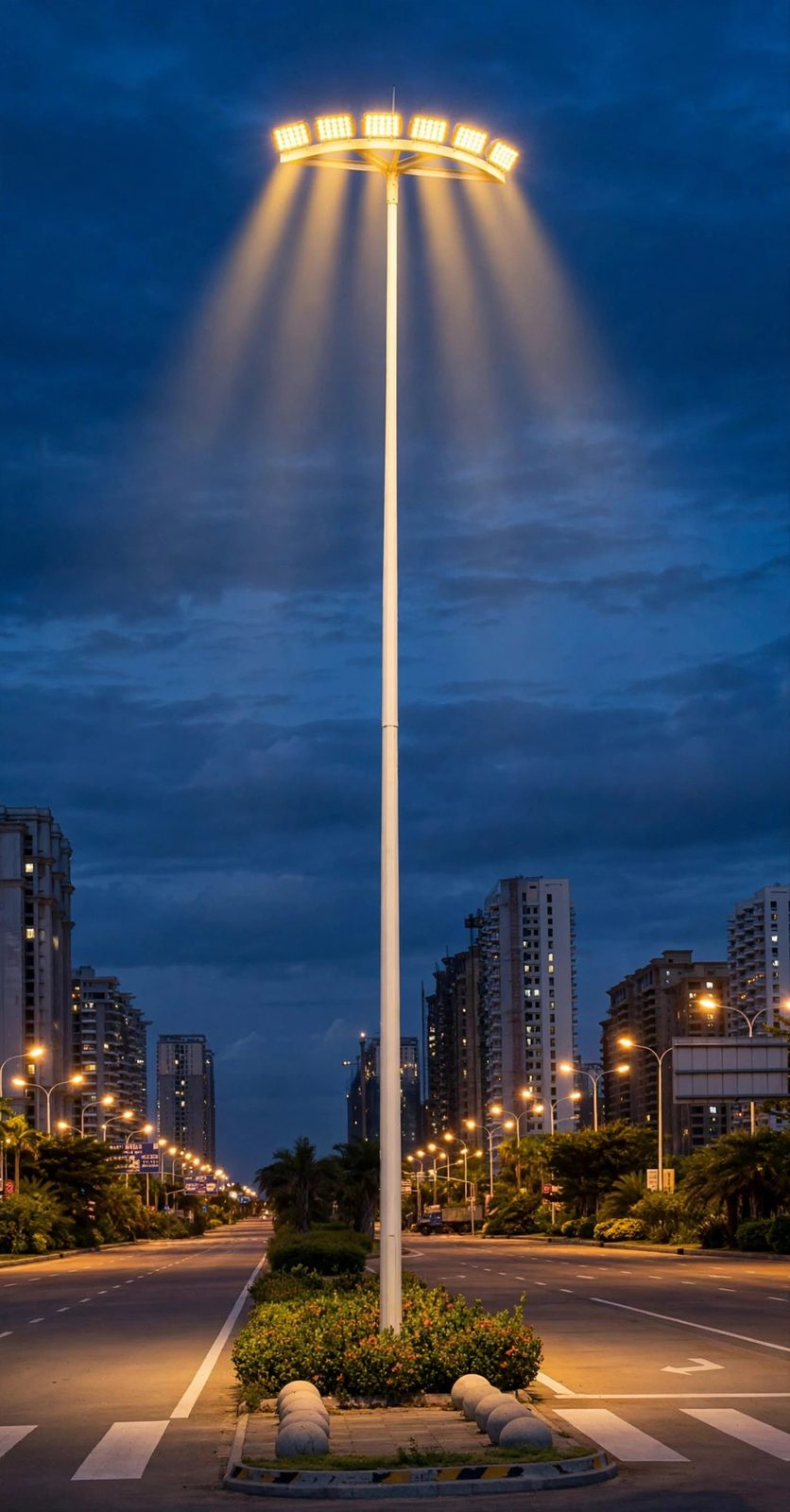 High-mast lighting at urban road median at night