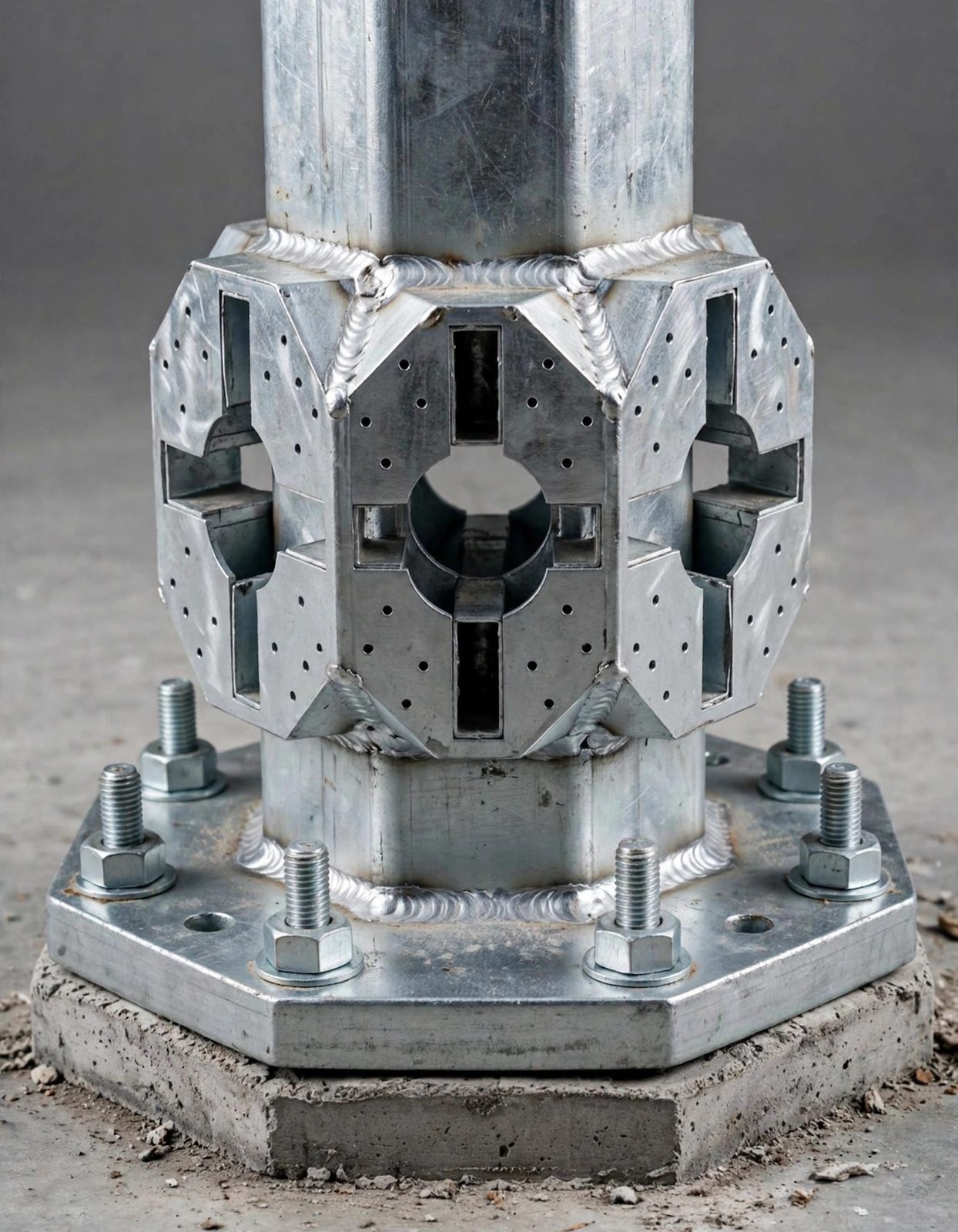 Pole base flange with stiffeners and anchor bolts