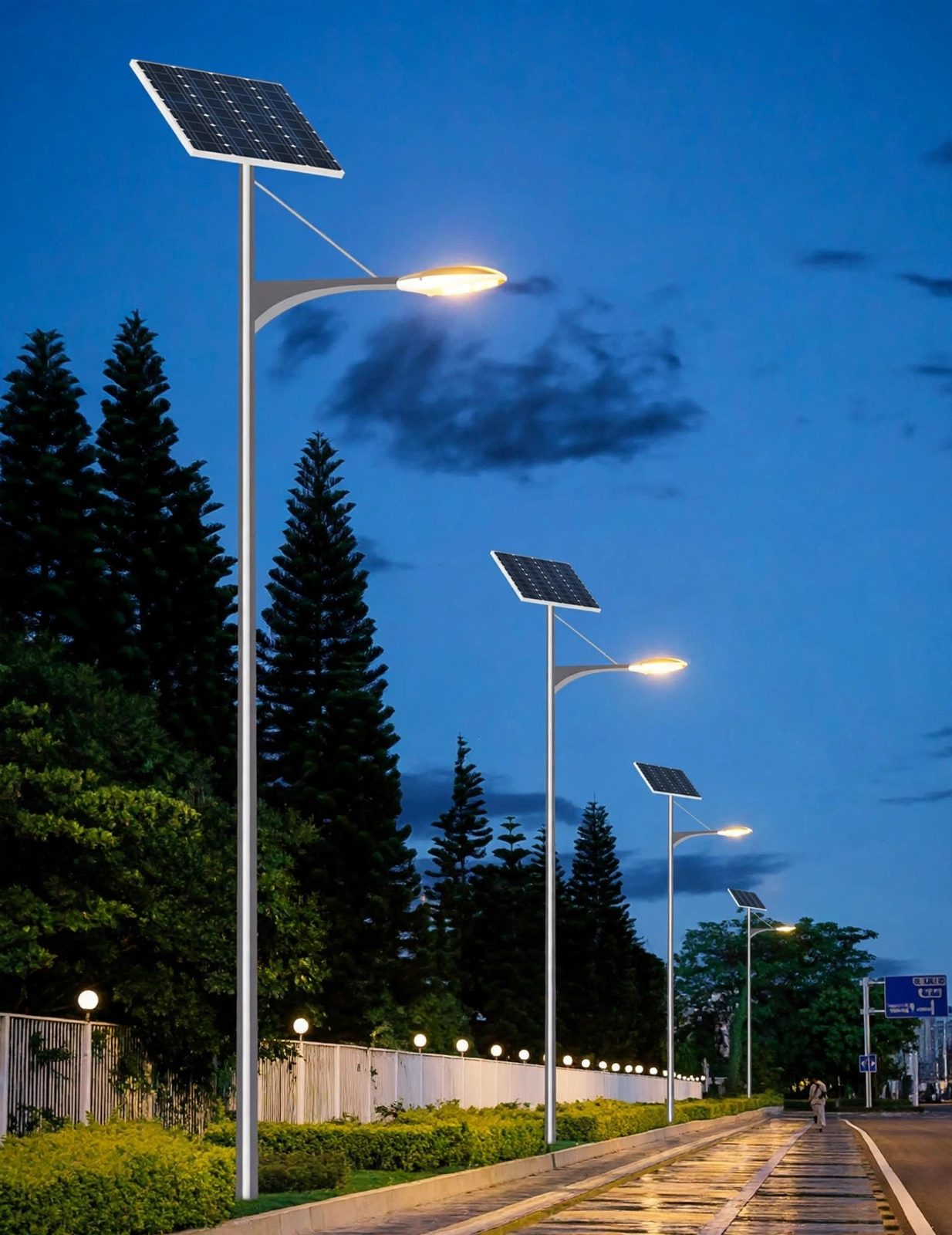 Solar street lights on a tree-lined road at night (illustration)