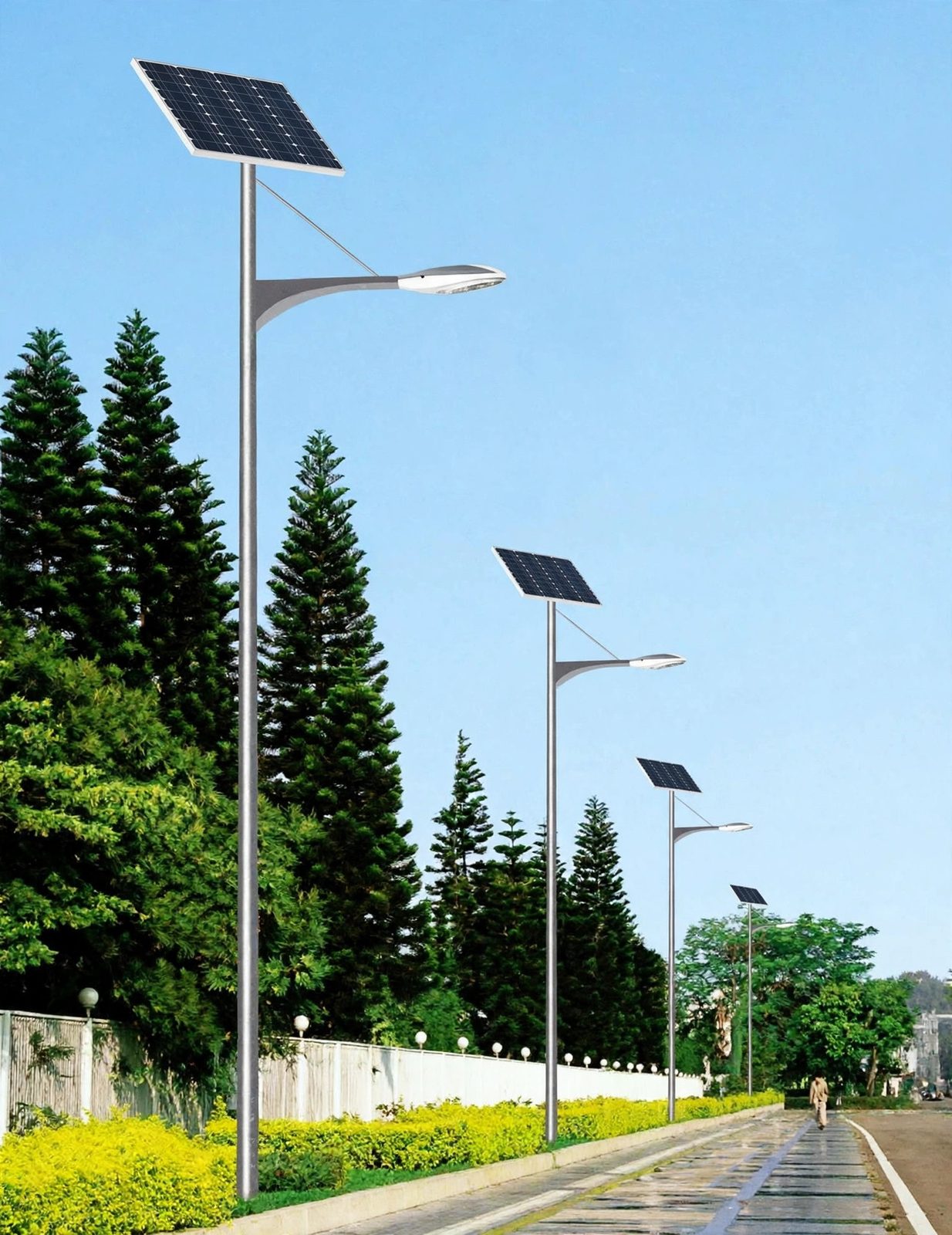 Solar street lights on a tree-lined road