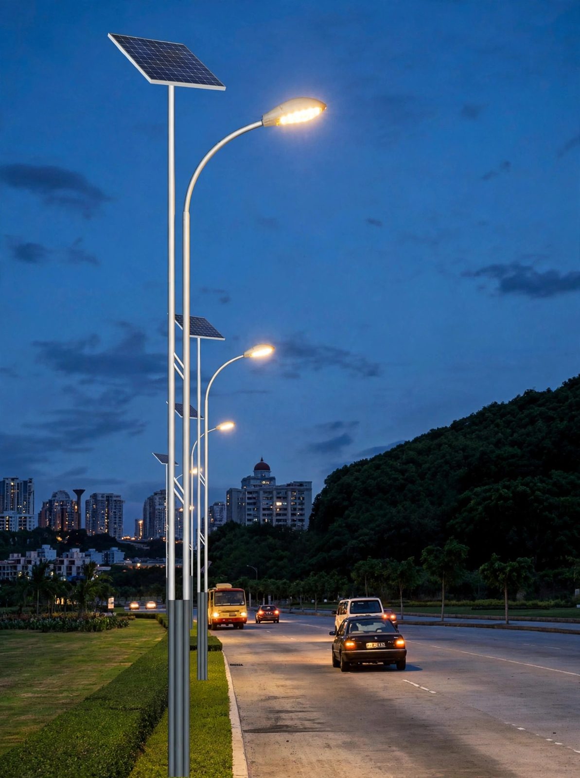 Split-type solar street lights along an urban road at night (illustration)
