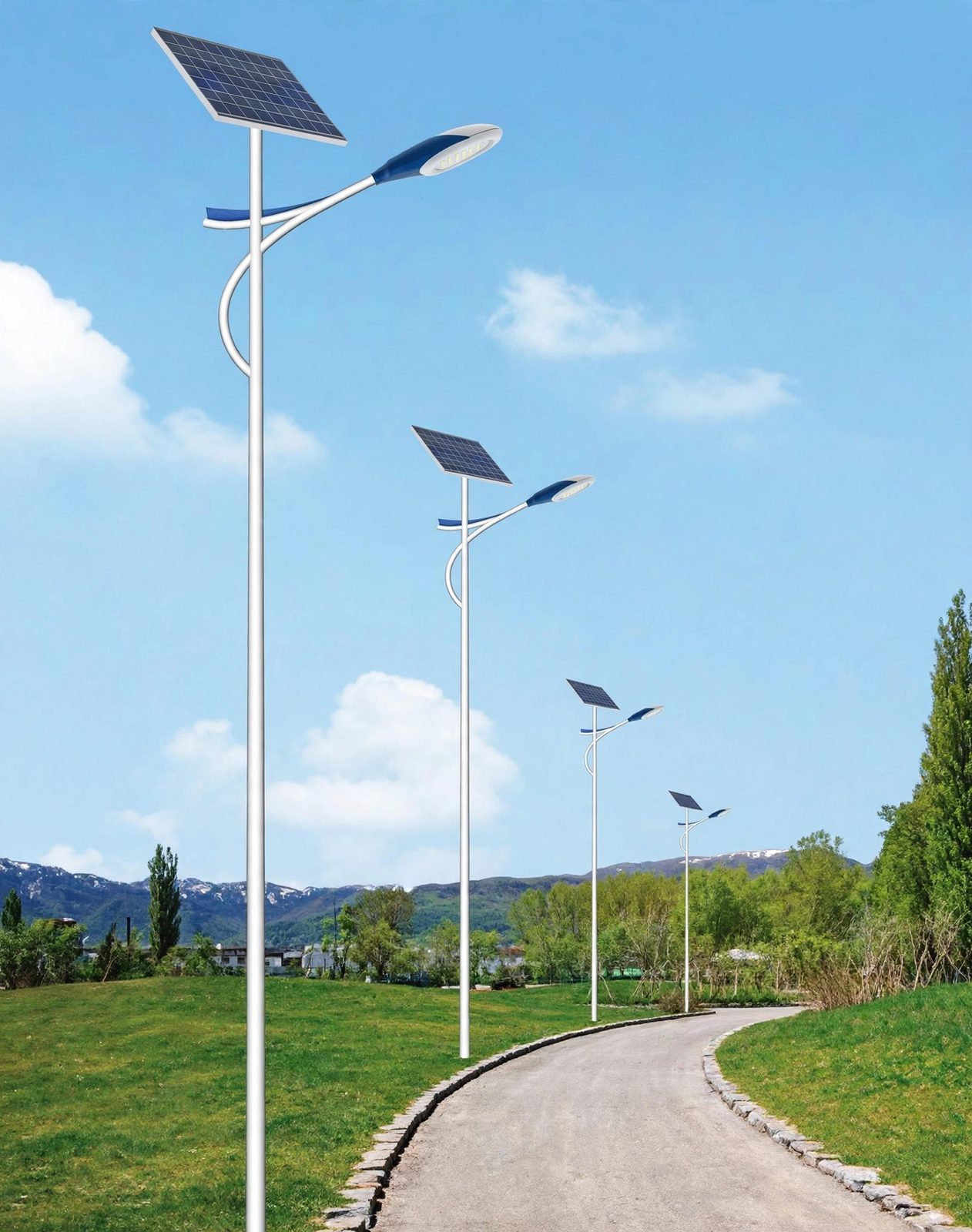 Solar street light on a park road