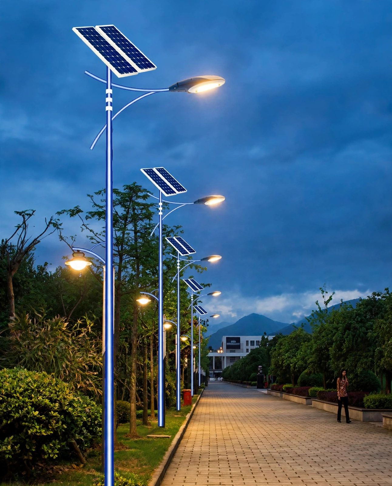 Solar street lights along a park walkway at night (illustration)