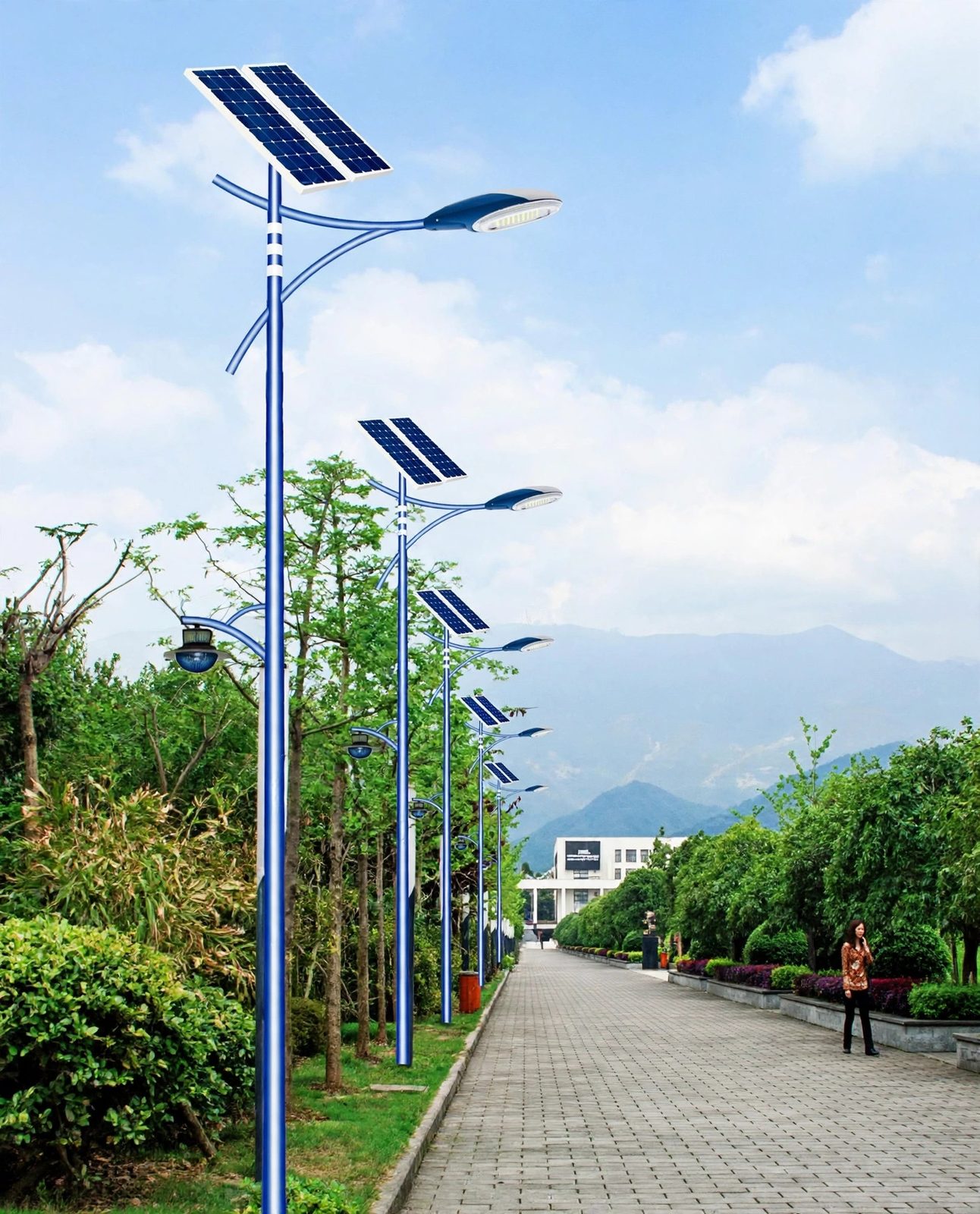 Solar street lights along a park walkway