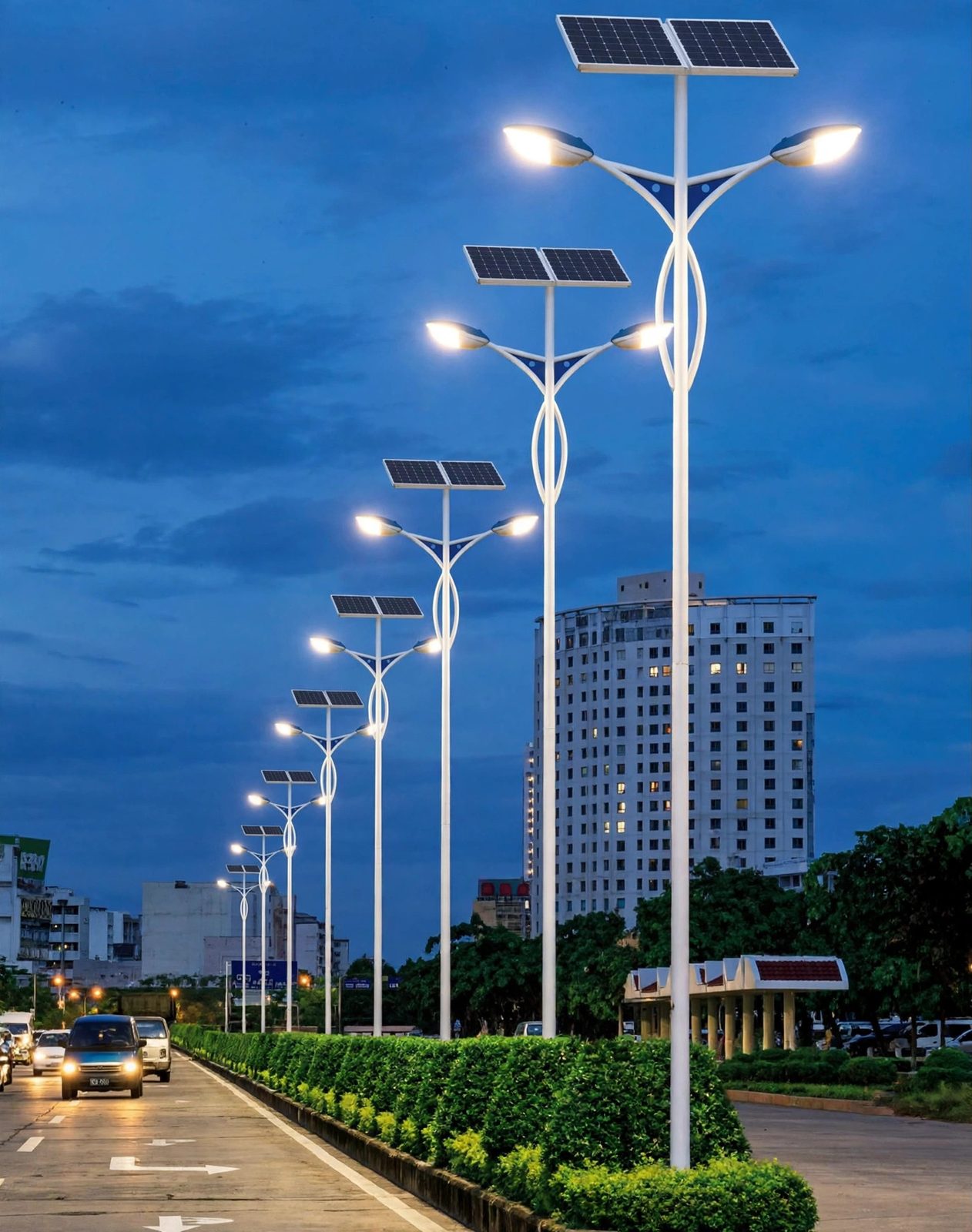 Double-arm solar street lights on a city road at night (illustration)