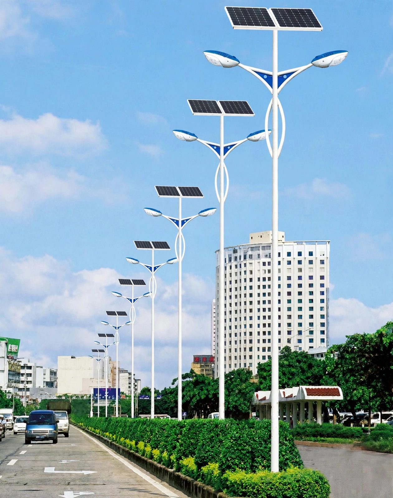 Double-arm solar street lights on an urban road