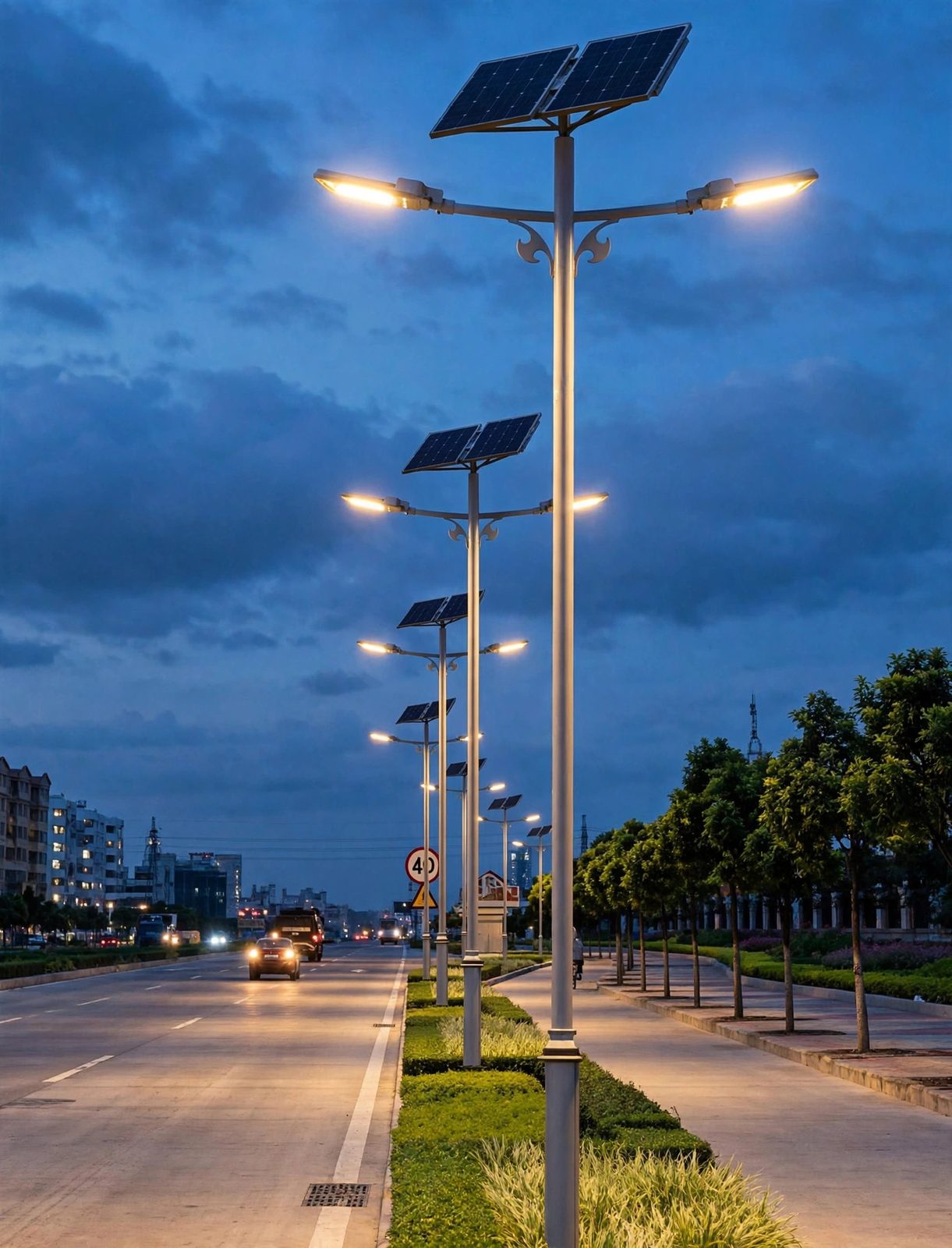 Double-arm solar street lights on a median at night (illustration)