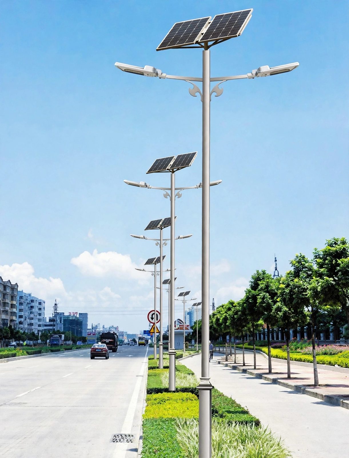 Double-arm solar street lights on a median